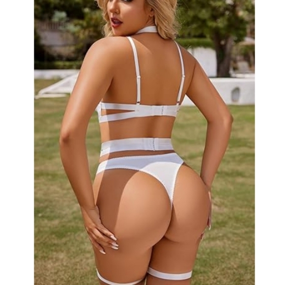 Sexy Lingerie Set with Underwire Garter Belt  5 Piece with Choker White - Picture 3 of 7